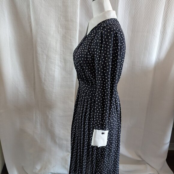 Zara Polka Dot Pleated Dress Navy Blue White Collar Cuffs Size Small Retro - Picture 2 of 13